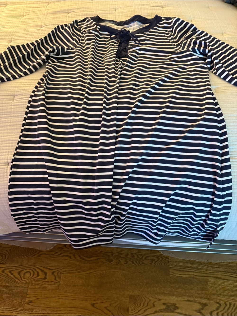 Like new Lands' End Navy and White Lace-Up Striped Swim Coverup.